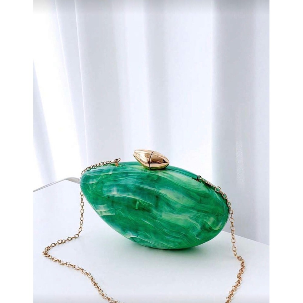 Green Marble Acrylic Clutch Bag Gold Hardware Evening Purse Chain Strap NEW - Picture 2 of 6